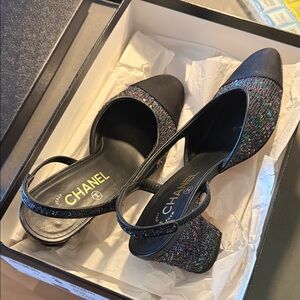 CHANEL Black Leather & Multicolor sequin Slingback Heels